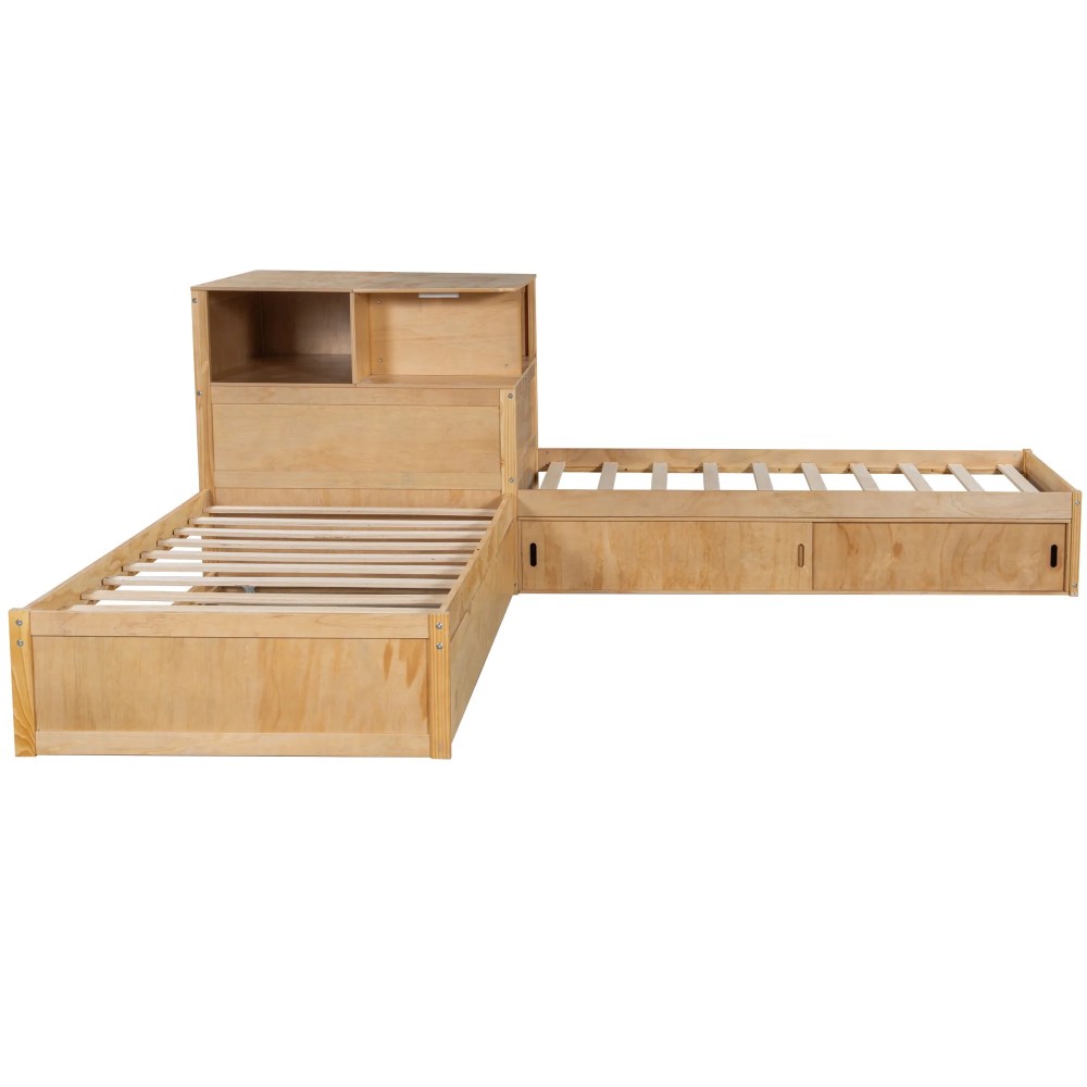 Euroco Pine Wood L-Shaped Twin Platform Bed with Storage Desk, Cabinets, Trundle and LED Light for Kids Teens, Natural - Image 11
