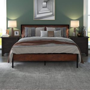 Yoneston Full Metal Bed Frame with Wood Headboard Strong Slat Support
