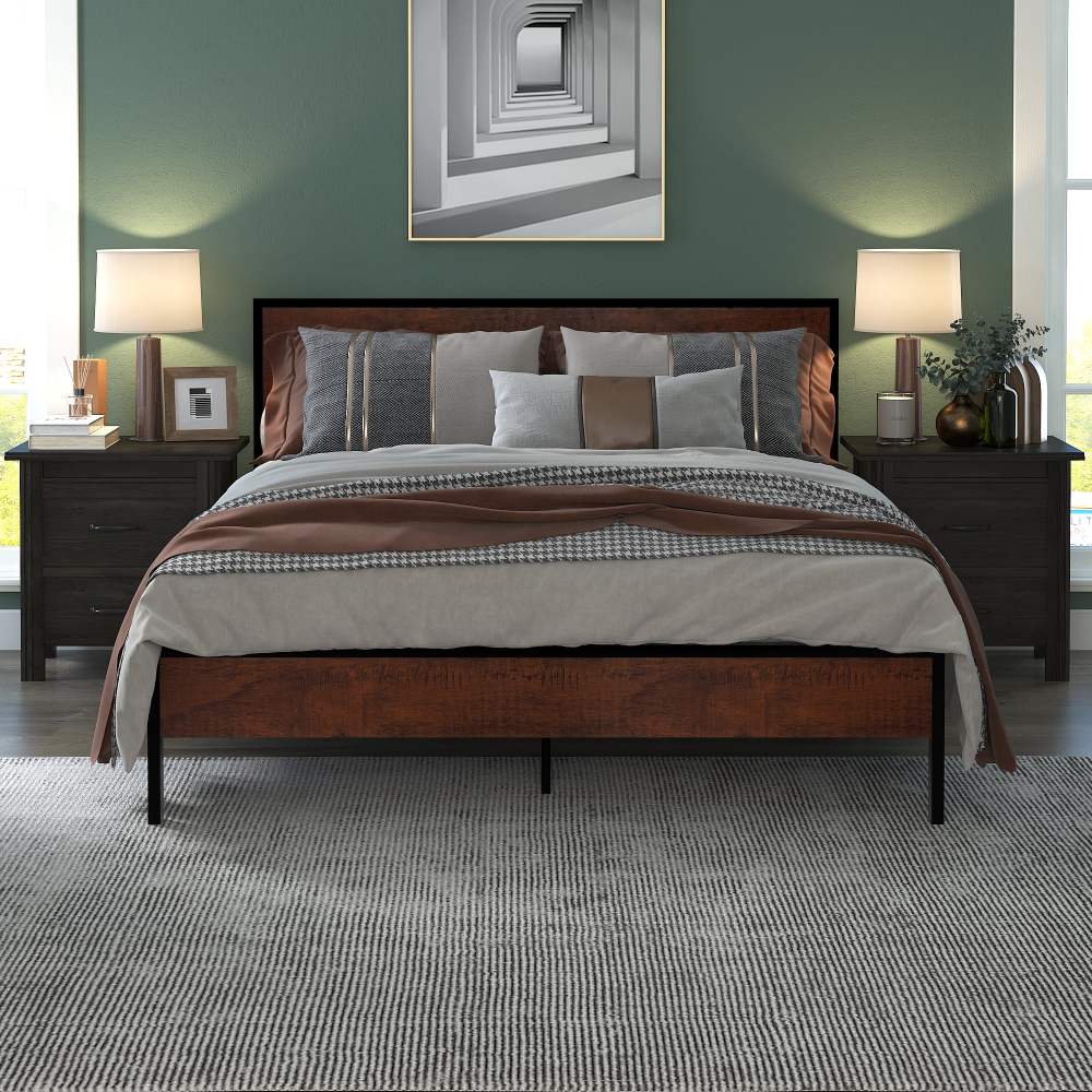 Yoneston Full Metal Bed Frame with Wood Headboard Strong Slat Support
