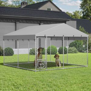 Dextrus 10'x10" Large Outdoor Dog Kennel,  Outdoor Dog Enclosure with Rotating Feeder Bowls & Roof,  Heavy Duty Dog Kennel for Backyard Farm