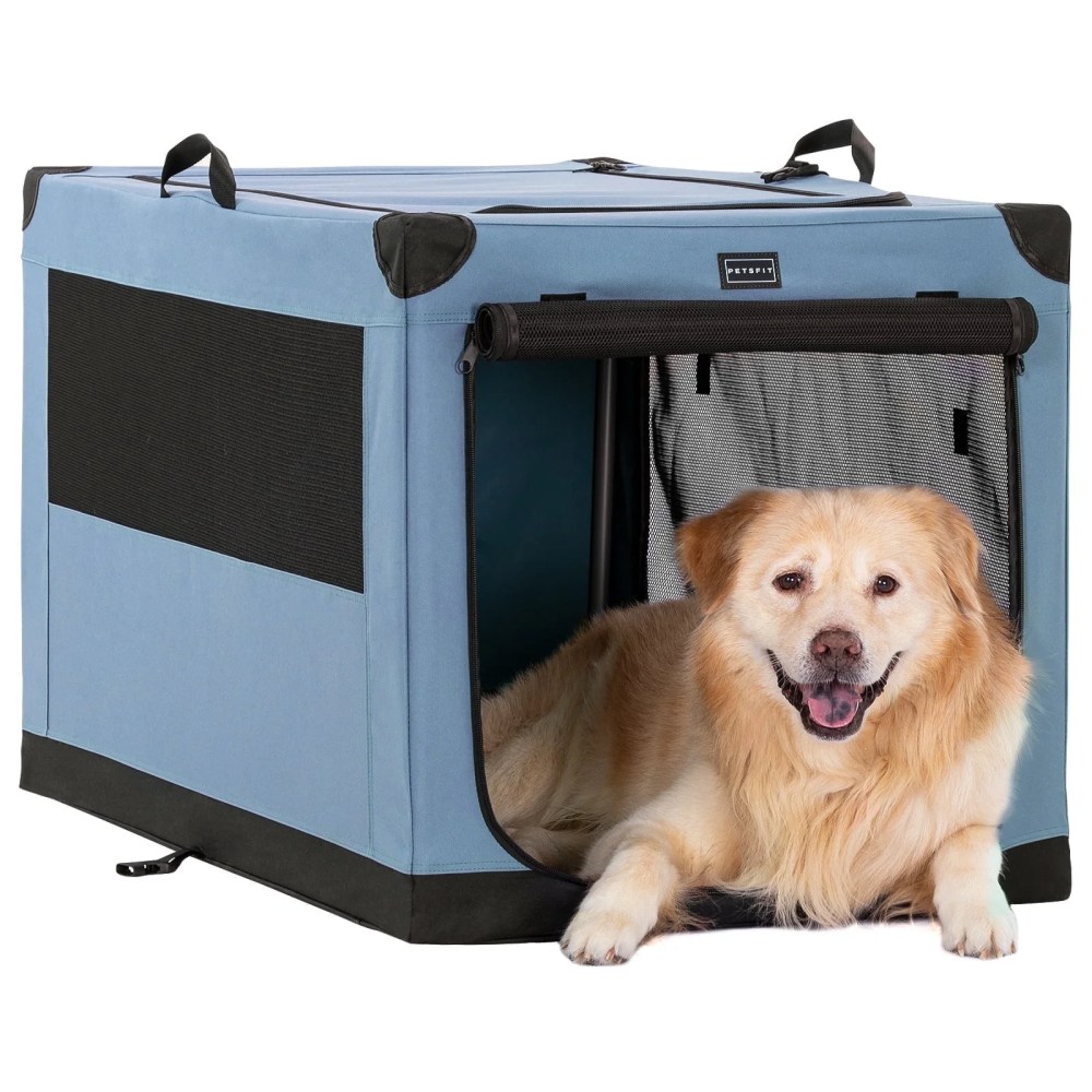 Petsfit 36 Inch Portable Large Dog Kennel, Adjustable Fabric Cover by Spiral Iron Pipe, Soft Collapsible Dog Crate Blue
