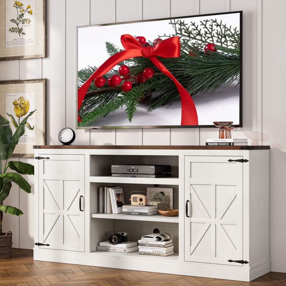 66" Farmhouse TV Stand for 65" 70" 75" TVs with Charging Station,33" Tall Entertainment Center Console Table with Adjustable Shelves/4 Layer Storage for Living Room
