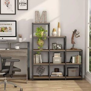 12 Shelves Bookshelf,Industrial Ladder Corner Bookshelf 9 Cubes Stepped Etagere Bookcase,Rustic 5-Tier Display Shelf Storage Organizer for Home Office