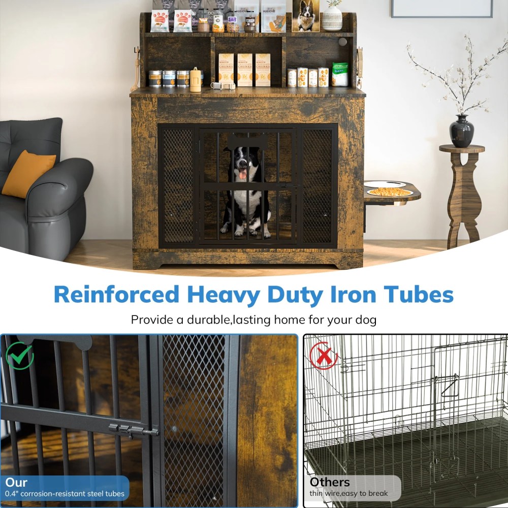 Behost 34" Dog Crate Furniture for Small /Medium Dogs with LED Light Feeding Bowls, Dual-Layer Storage, Decorative Dog Kennel for Indoor , Rustic Brown - Image 4