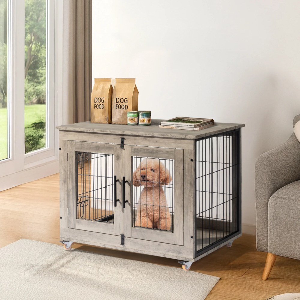 Zimtown 31In Indoor Dog Crate Furniture, Double Door Wooden Pet Cage with Removable Tray, End Table, Light Gray - Image 7