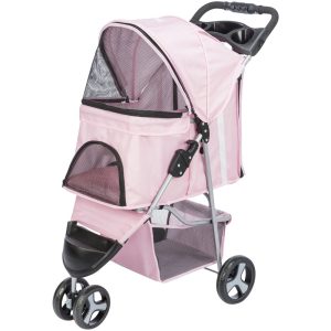 TRIXIE 3-Wheeled Foldable Dog & Cat Stroller with Canopy and Storage Compartments,  Pink