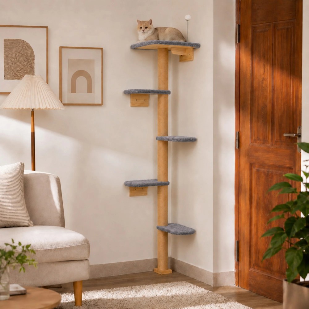 Peluomoz Gray Adjustable Floor to Ceiling Cat Tree with Plush Pads, 83 in