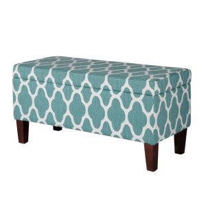 HomePop Drake Large Storage Bench, 36"L x 16"D x 18"H, Teal/Cream Quarterfoil Print