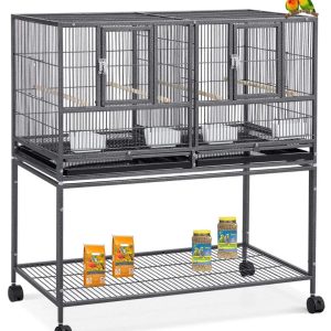 42" Stackable Center Sturdy Wrought Iron Divided Breeder Breeding Bird Flight Rolling Cage With Side Breeding Nest Doors for Canaries Cockatiels Lovebirds Finches Budgies Small Parrots