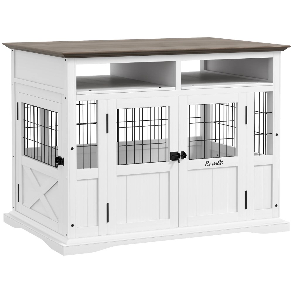 PawHut Dog Crate Furniture Side End Table with Storage, 41" Modern Wooden Dog Kennel Furniture with Double Doors for Small and Medium Dogs, White - Image 8