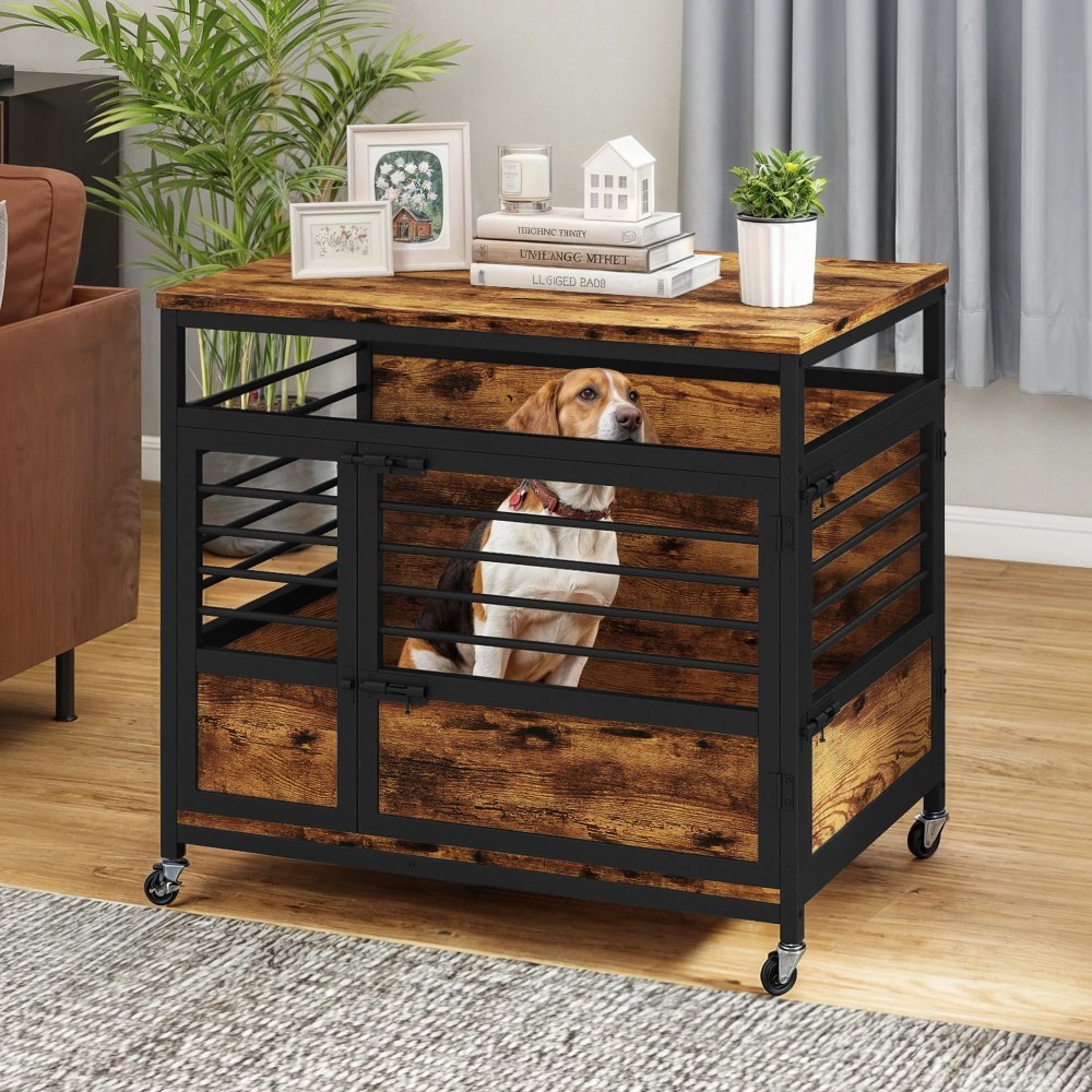 Craftian 32 Inch Dog Crate Furniture, Dog Kennel Indoor with Wheels and Removable Tray, End Table Dog Crate - Rustic Brown & Black - Image 3