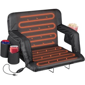 ZenSports 25-in Foldable Heated Stadium Seat for Bleacher Wider Padded Stadium Chair USB 3 Levels of Heat 6 Reclining Waterproof, Black