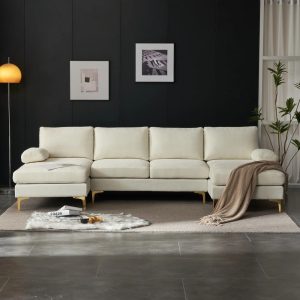 Zimtown Convertible Sectional Sofa, U Shaped Couch with Double Reversible Chaise,Chenille Fabric Fabric Sectional Couch with Metal Feet Beige