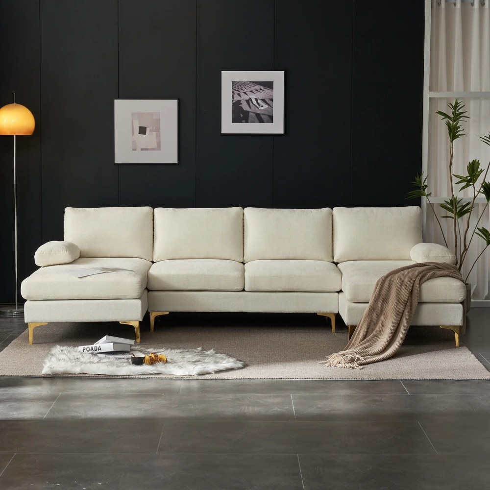 Zimtown Convertible Sectional Sofa, U Shaped Couch with Double Reversible Chaise,Chenille Fabric Fabric Sectional Couch with Metal Feet Beige