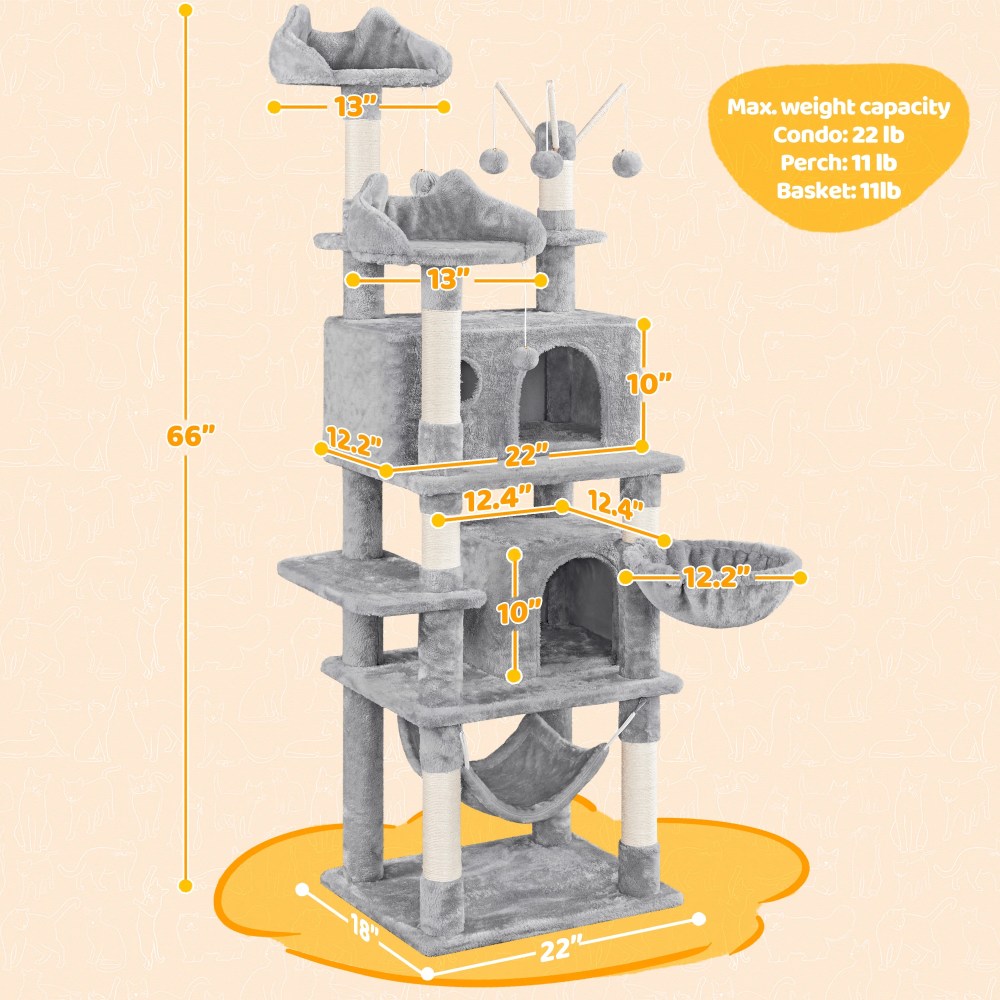 Alden Design 67" H Multi-Level Cat Tree Tower with 2 Cat Condos & Hammock Basket, Light Gray - Image 3