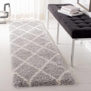 SAFAVIEH Fontana Catrina Geometric Plush Shag Runner Rug, Grey/Cream, 2'3" x 8"