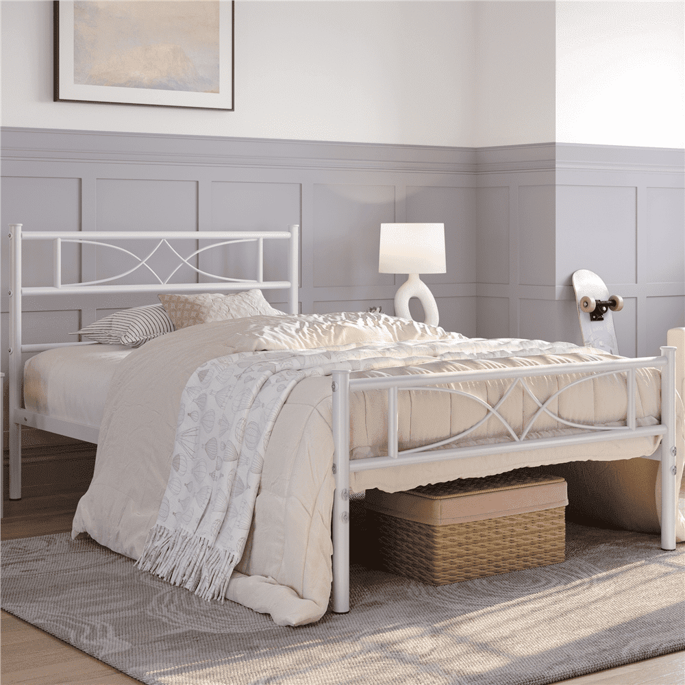 Yaheetech Twin Size Metal Bed Frame with Curved Design Headboard and Footboard,White