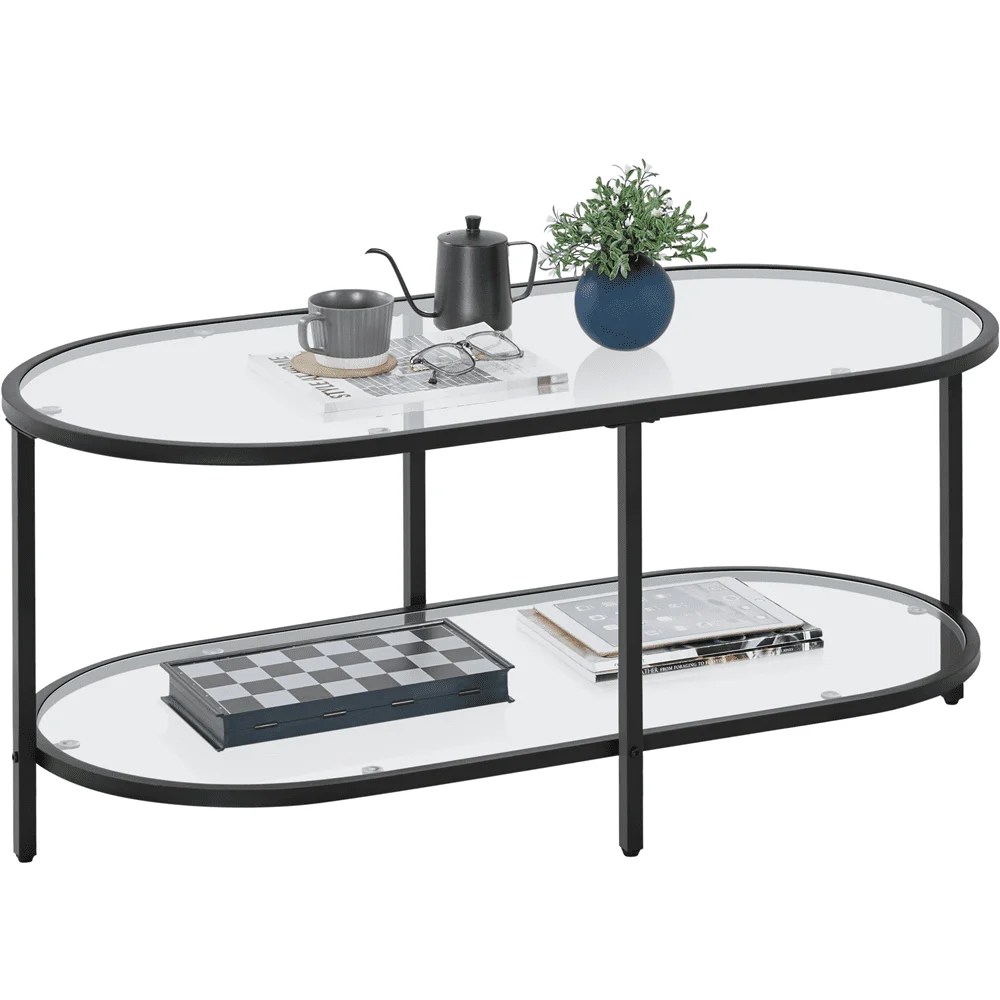 Yaheetech Modern 2-Layer Tempered Glass Oval Coffee Table,Black