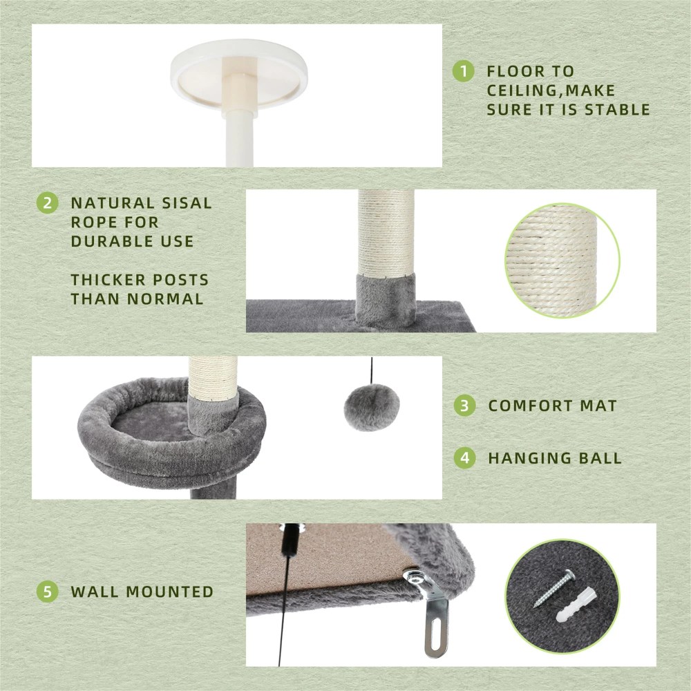 Pefilos Adjustable 90"-108" Tall Cat Tree for Indoor Cats, Multilevel Cat Tower with Sisal Scratching Posts, Floor-to-Ceiling Cat Condo for Adult Cats, Gray - Image 2