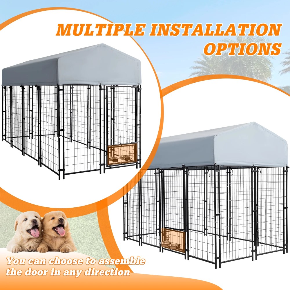 Magic Union 8x4x6 FT Outdoor Dog Kennel with Roof Cover, Heavy Duty Dog House Outside with Lockable Door, Indoor Dog Playpen Outdoor Dog Cage Pen Pet Fence with 2 Rotating Feeding Bowls for Large Do - Image 4