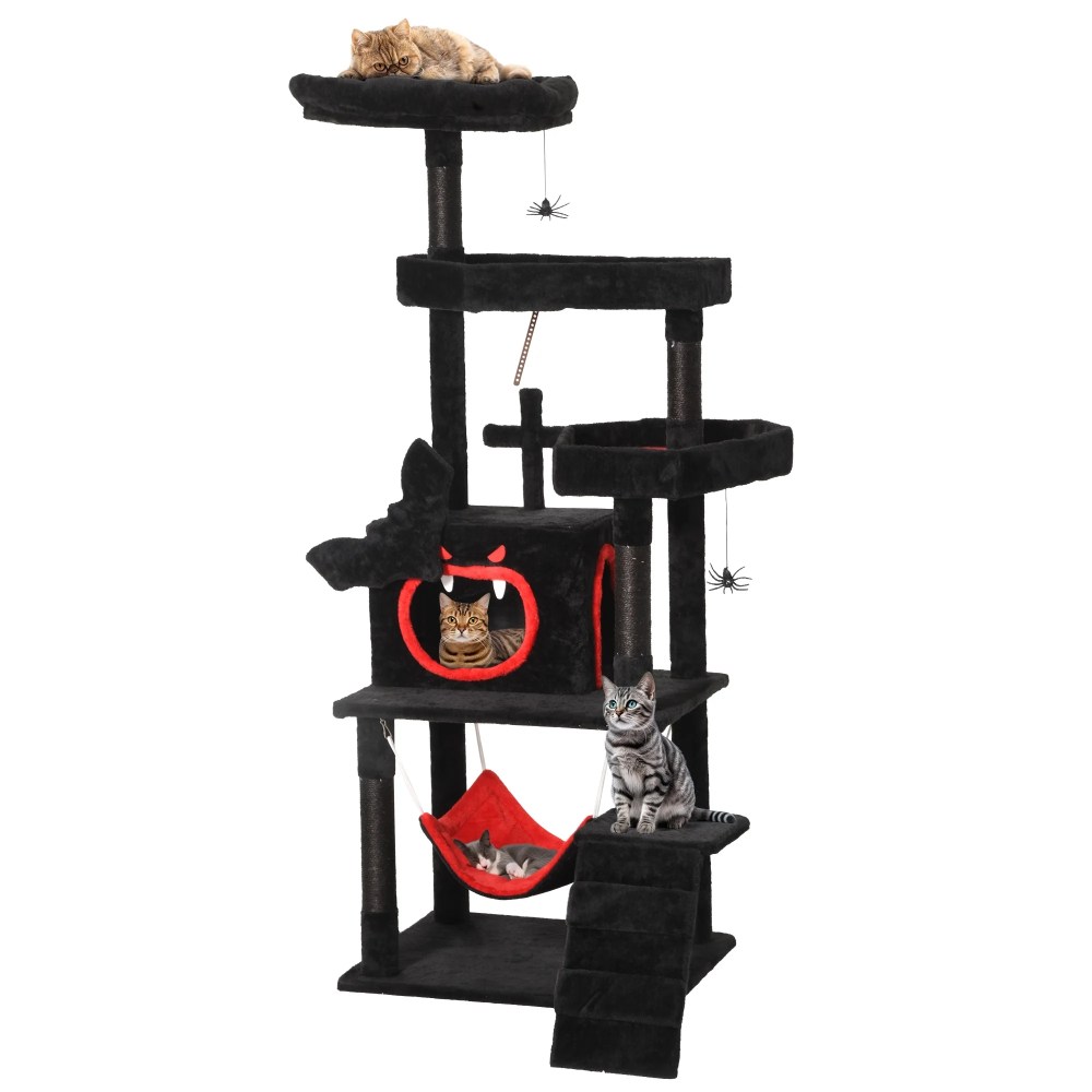 Uforic 63in Gothic Cat Tree with Coffin Bed, Tall Halloween Cat Tower for Indoor Cats with Top Perch & Sisal Scratching Posts, Black - Image 9