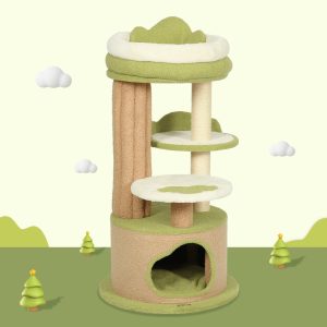 LHBCraft 42.5" Green Cat Tree with Aesthetic, Teddy Fleece, Velcro Cat Condo, Unique Cat Furniture for Small Space