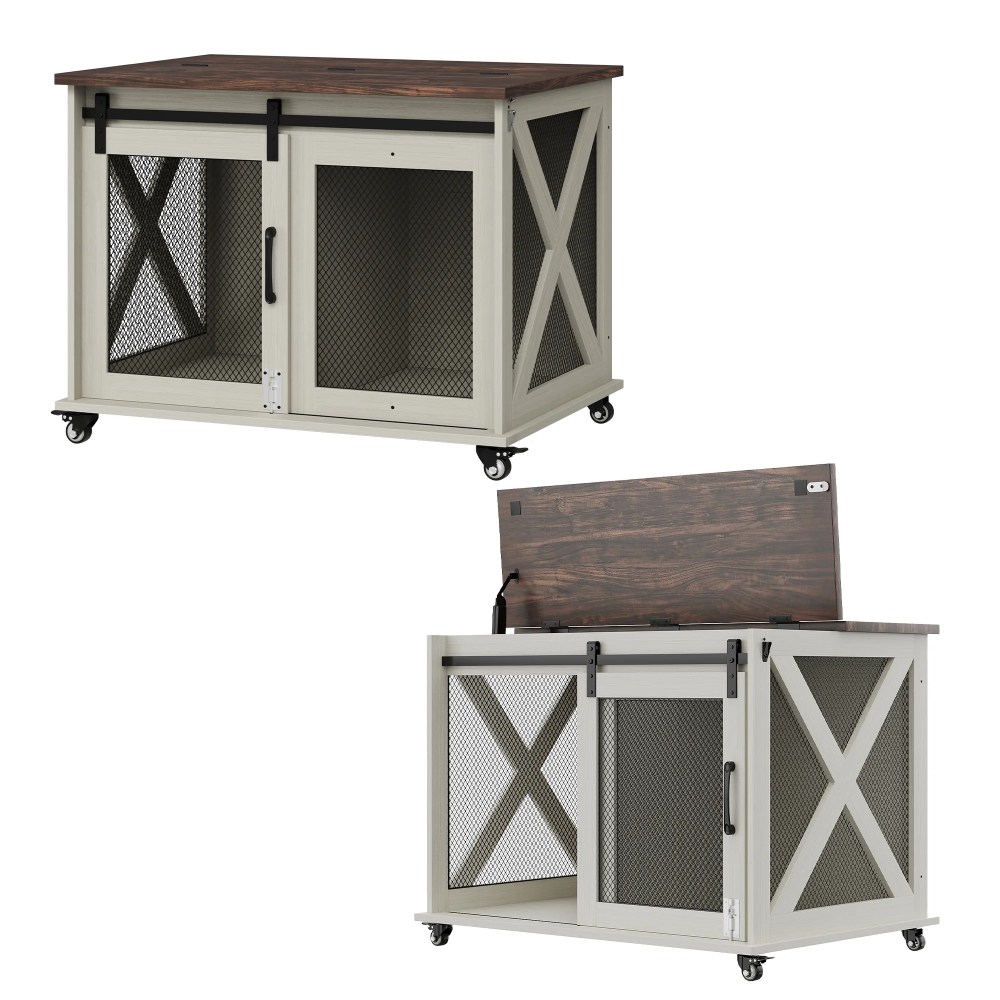 37" Stress-Free Dog Crate with Dual Access Sliding Barn Door & Flip Top Design Creates a Cozy Den for Your Pet - Image 46