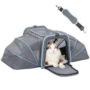Petsfit 19" Expandable Soft-Sided Cat Carrier, Airline Approved Portable Washable Pet Travel Carrier with Two Extension for Kittens, Light Gray