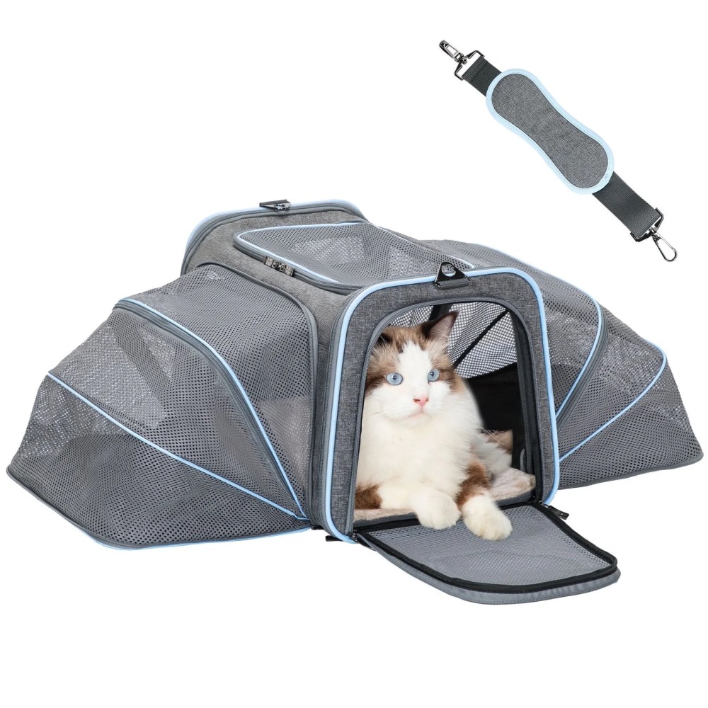 Petsfit 19" Expandable Soft-Sided Cat Carrier, Airline Approved Portable Washable Pet Travel Carrier with Two Extension for Kittens, Light Gray