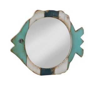 Tripar Rustic Wood Fish Wall Mirror, Blue & White