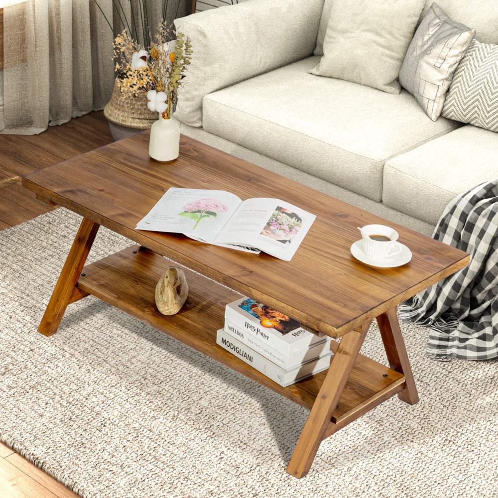 42.5" Rustic Solide Wood Coffee Table with Shelf,Coffee Center Table for Living Room,Mid Century Modern Rectangle,Oak