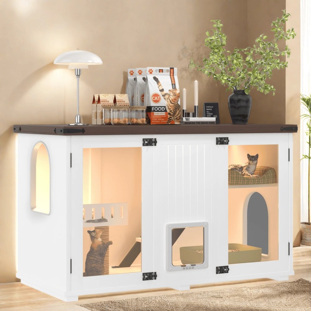 47.25" Large Cat Litter Box Enclosure with LED Light, Hidden Litter Box Furniture with Stairs and Scratching Post, Smart Locking Doors, Cat Cabinet Side Table for Living Room, White