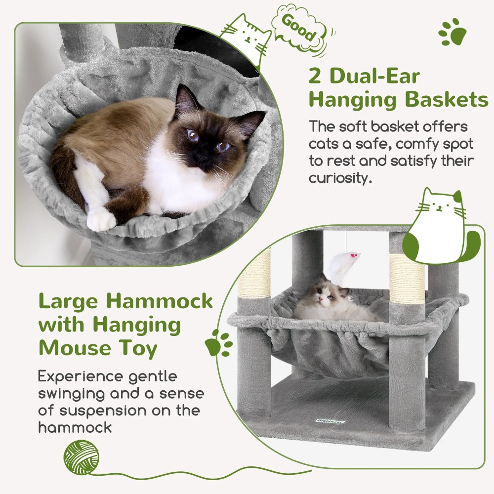 Globlazer 68" XL Corner Cat Tree Tower Condo for Large Cats - 6 Sisal Scratching Posts, 2 Condos, Hammock & Hanging Basket, Light Grey - Image 4