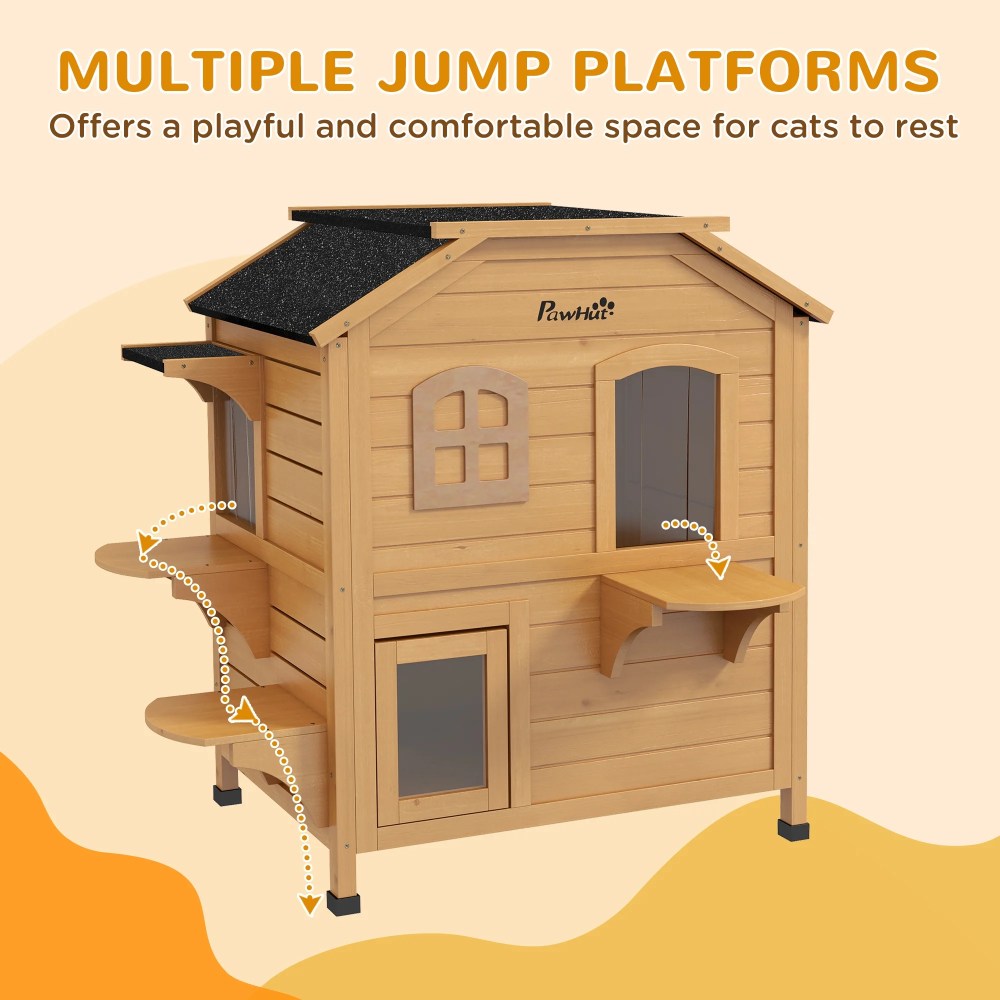PawHut Outdoor Wooden 2-Story Cat House, Wooden Door, Openable Roof, Jumping Platforms, Natural - Image 5