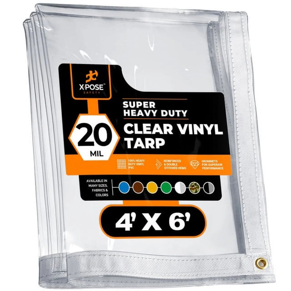4" x 6" Clear Vinyl Tarp - Super Heavy Duty 20 Mil Transparent Waterproof PVC Tarpaulin with Brass Grommets - for Patio Enclosure,Camping,Outdoor Tent Cover,Porch Canopy - by Xpose Safety