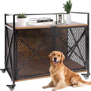 PETSCOSSET Dog Crate Furniture with Cushion,  Double Door Wooden Dog Kennel Indoor with Wheels,  31.2"L x 20.5"W x 28.9"H