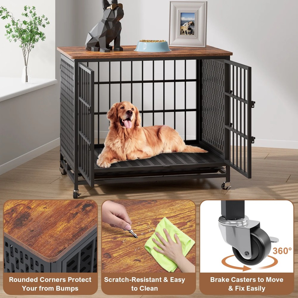 Winkalon 42 Inch Large Dog Crate Rustic Style Furniture Dog Cage Crate with 3 Doors and 4 Wheels Heavy-Duty Kennel, Brown - Image 7