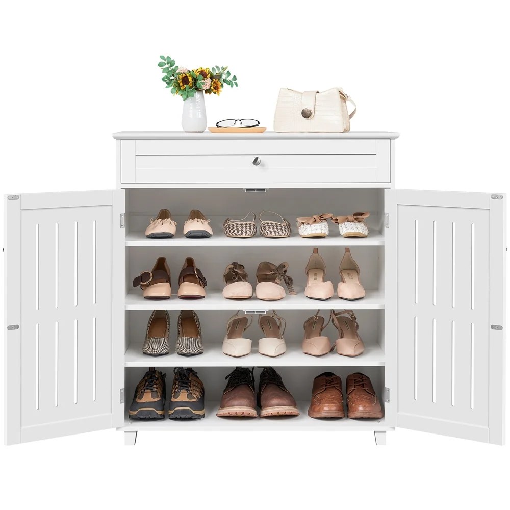 Alden Design 4 Tier Wooden Shoe Storage Cabinet with 1 Drawer for Entryway, White - Image 6