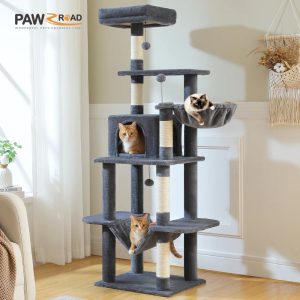 PAWZ Road 64" Cat Tree 5-Tier Sisal Scratching Post Tower Hammock Perch for Indoor Cats,  Dark Gray