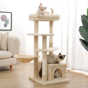 Pefilos 44" Multi-Level Modern Cat Tower for Indoor Cats with Scratching Post,  Cozy Condo,  Top Perch,  Hammock and Dangling Ball For Small to Medium Cat Tree Tower for Adult Cats,  Beige