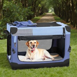 Nomipaw 36 Inch Portable Dog Crate Soft Collapsible, 3-Door Blue Travel Pet Crate for Small/Medium Dogs Indoor & Outdoor with Durable Mesh Windows & Storage Bag