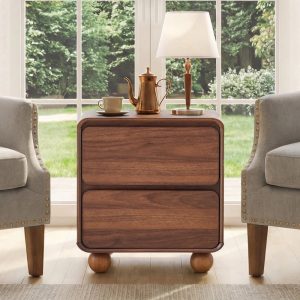 YOCWO 2 Drawer Nightstand for Bedroom,Mid Century Bedside Table with Arc Edge and Round Leg,Wood Storage Chest of Drawer Organizer for Bedroom Living Room Hallway Closet,Walnut