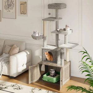 Cat Tree with Litter Box Enclosure,  2-in-1 Modern Cat Tower with Scratching Posts,  Multiple Platform and Large Condo,  Multilevel Indoor Kitten House,  Gray