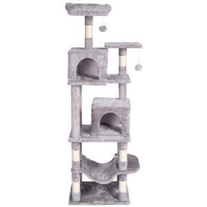 KFFKFF Feline Structure, 63" Feline Stand with Dual Kitty Houses, Sisal Scratch Pole, Relaxing Swing, Elevated Lounging Spot, Leaping Stages, Spacious Cat Play Equipment with Dangling Sphere, Pale