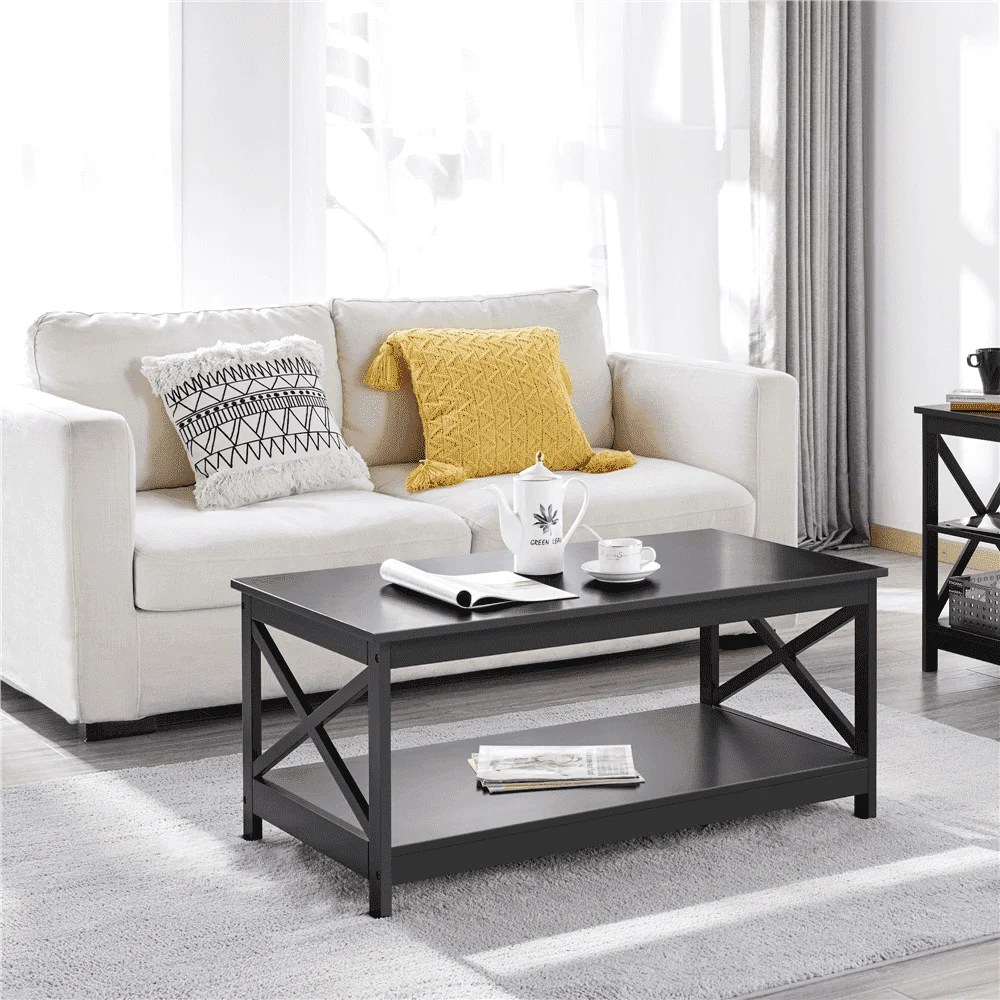 Yaheetech Modern X Design Coffee Table with Storage Shelf,Black
