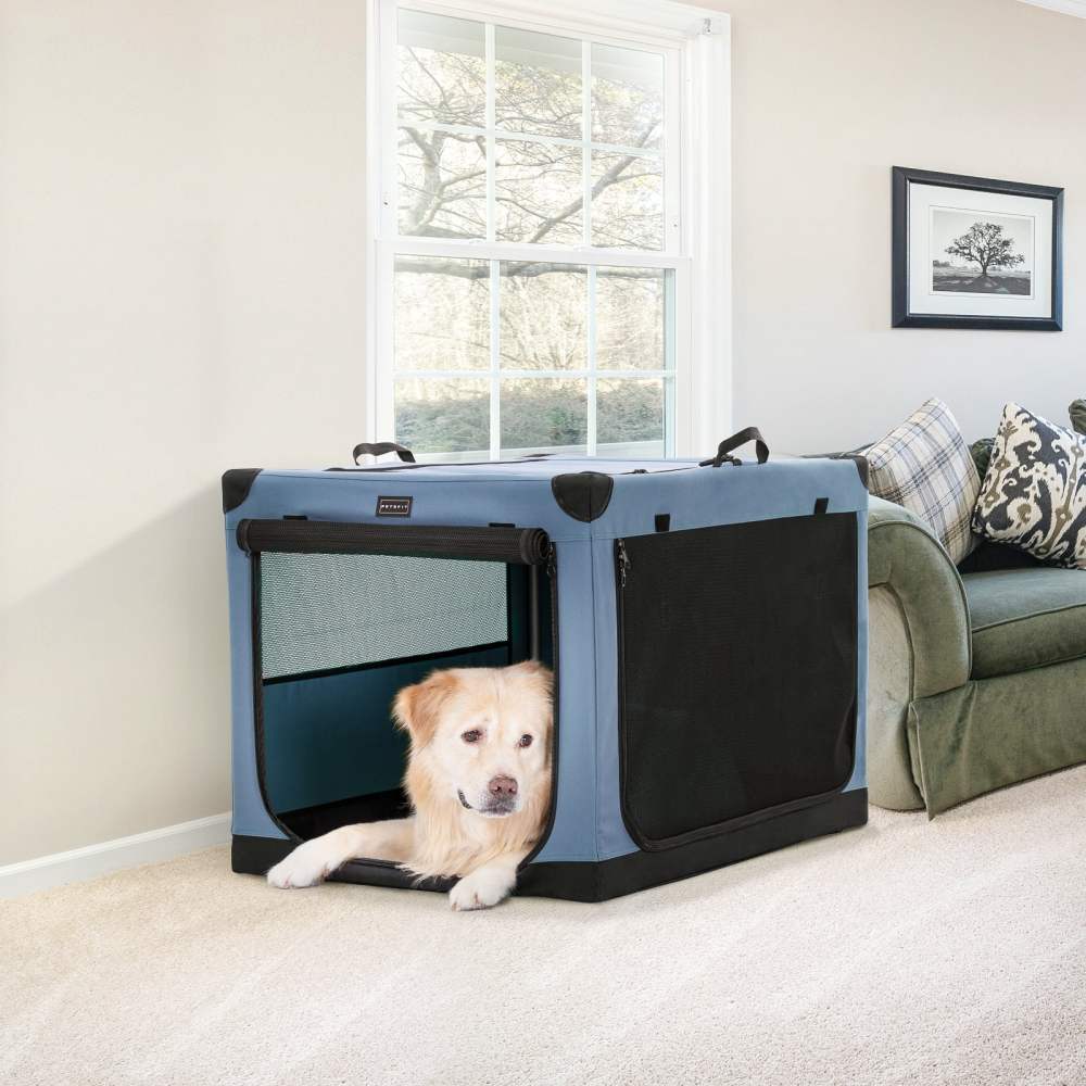 Petsfit 36 Inch Portable Large Dog Kennel, Adjustable Fabric Cover by Spiral Iron Pipe, Soft Collapsible Dog Crate Blue - Image 5