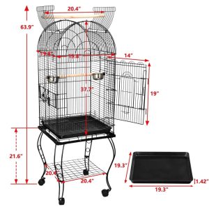 ZENY 63.9" Rolling Dome Bird Cage Open Top Quaker Parrot Metal Frame with Detachable Stand,  Black