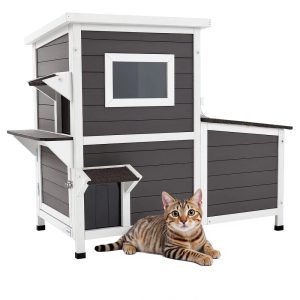 VEVOR Outdoor Cat House, 2-Story Wooden Cat Shelter for 3 Outside Cats in Winter, Elevated Feral Kitty Shelter with Stairs,  Clear Window