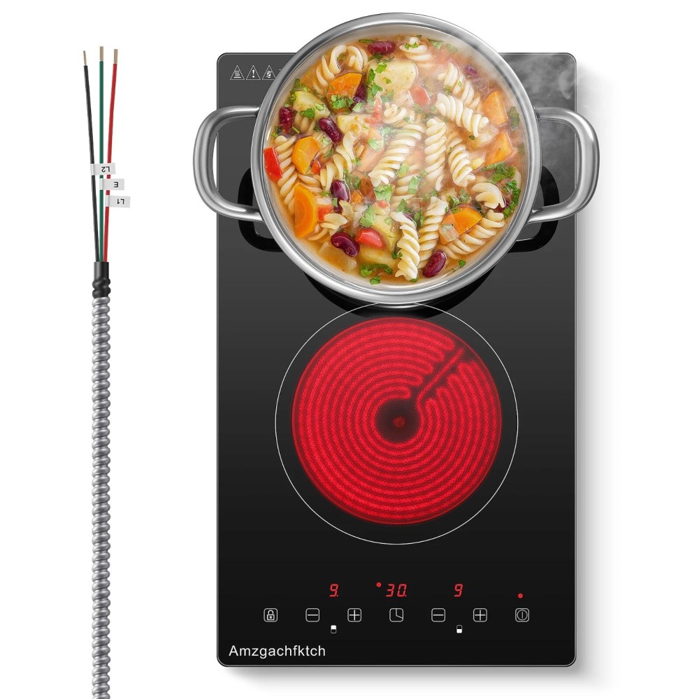 2 Burner Electric Cooktop 220V240V,12 Inch Built-in 3000W Ceramic Stove Top with Child Safety Lock,Timer & Residual Heat Indicator,Hard Wire(No Plug) for Modern Kitchens