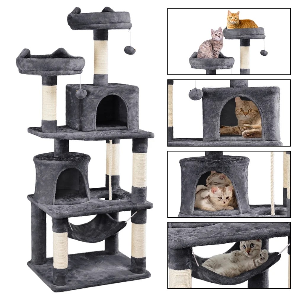 Alden Design 62" Tall Double Condo Cat Tree and Scratching Post Tower, Dark Gray - Image 4